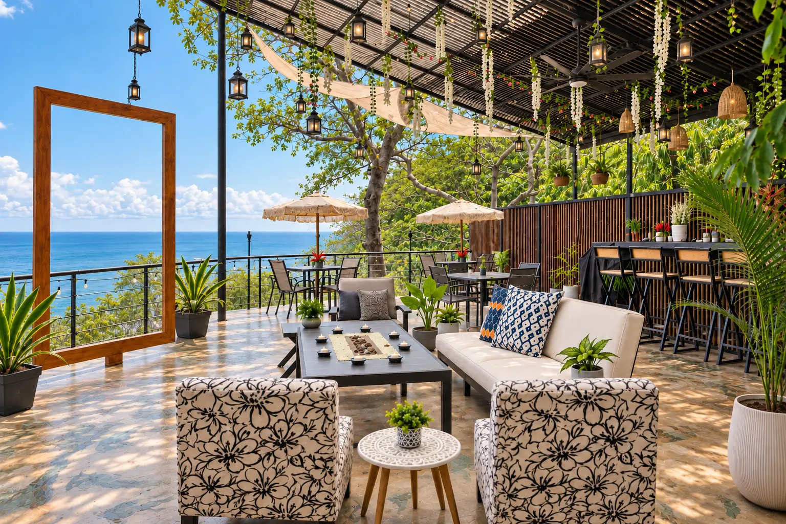 Outdoor rooftop seating with panoramic Pacific Ocean views at Hotel VOS