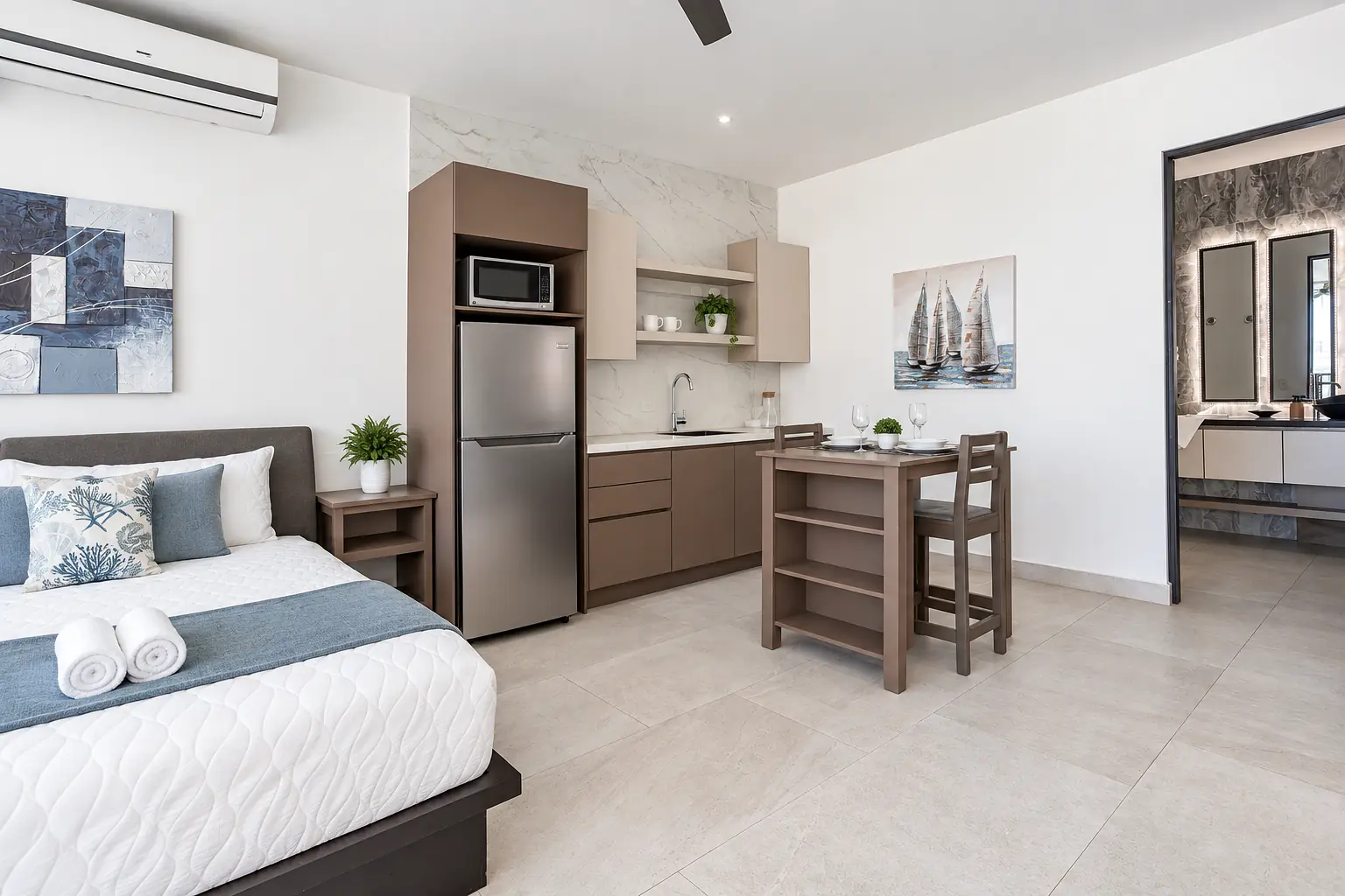 Suite 2 bed and kitchenette view