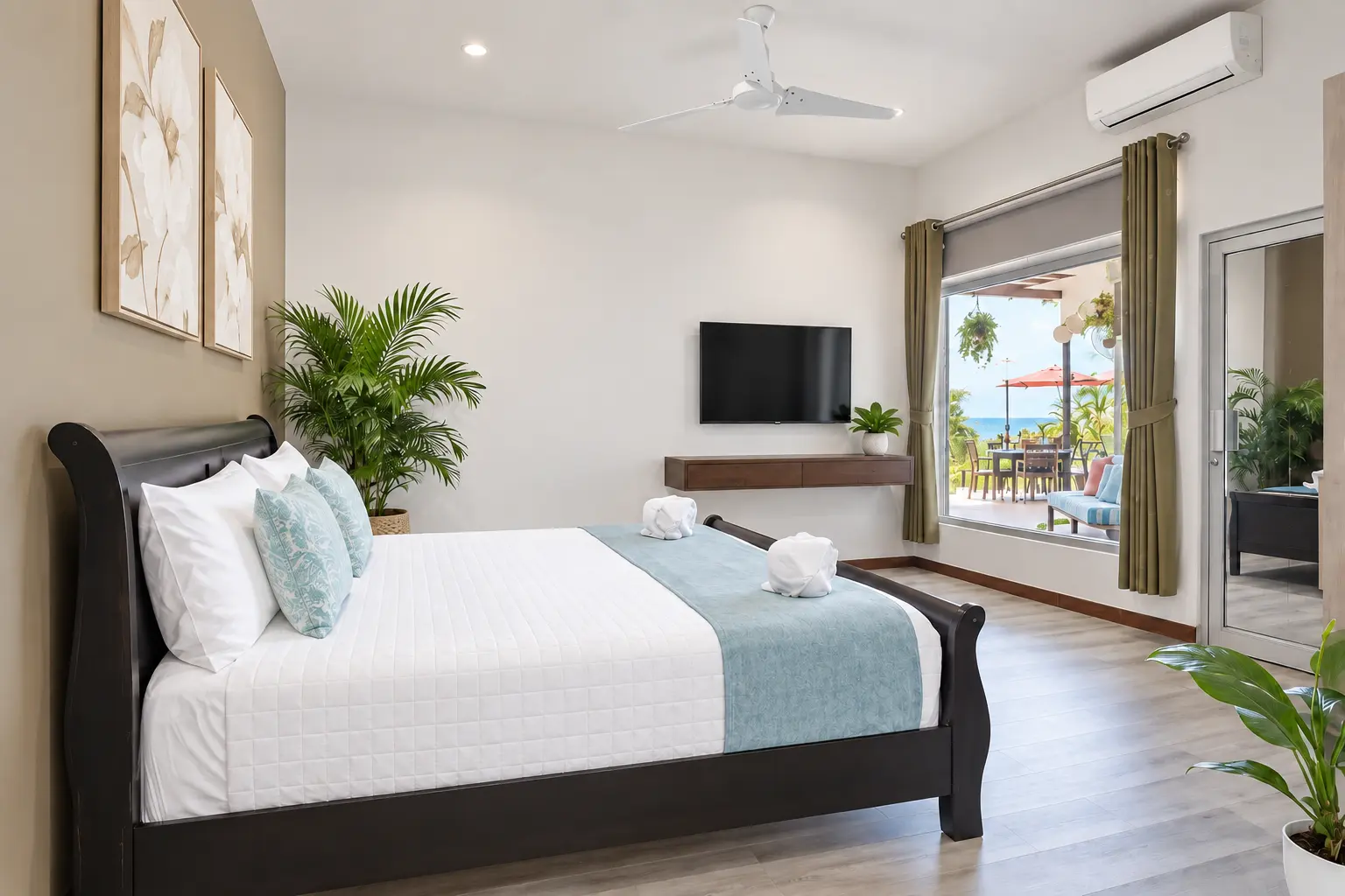 Terrace-level entrance and bedroom view inside Suite 7