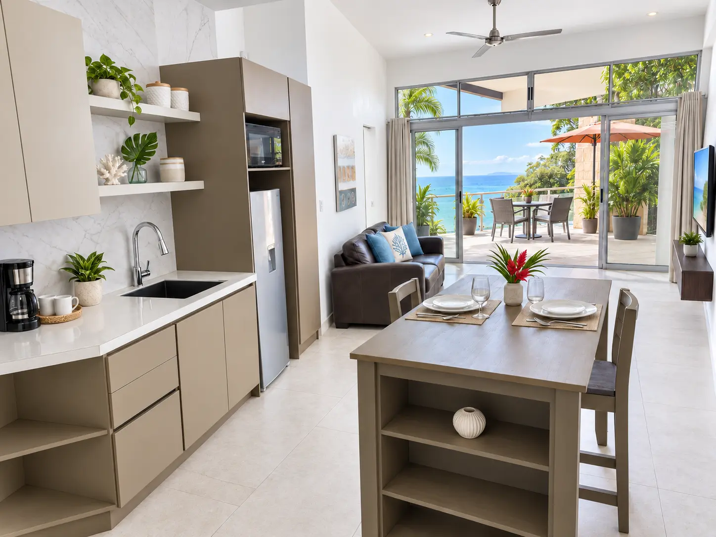 Suite 9 kitchenette and dining area with Pacific view